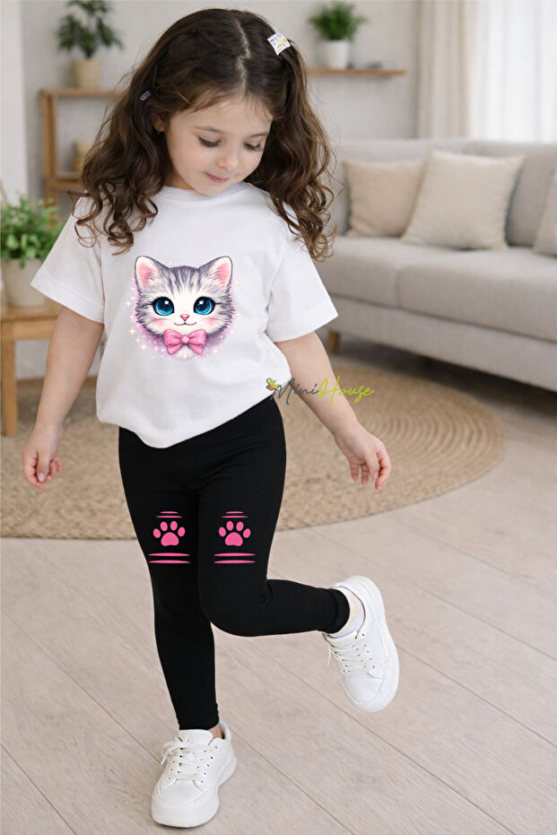 Cat and Paw Printed Top and Bottom Set T-Shirt Tights