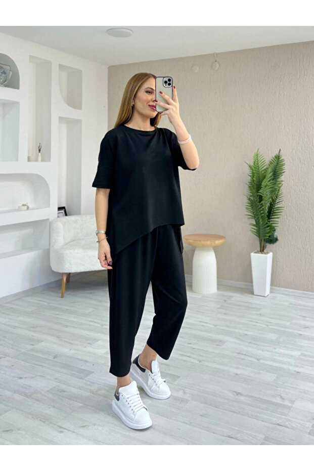 Viscose Women's Elegant Touch Short Sleeve Crew Neck Two Thread Blouse and Trousers Two Piece Set