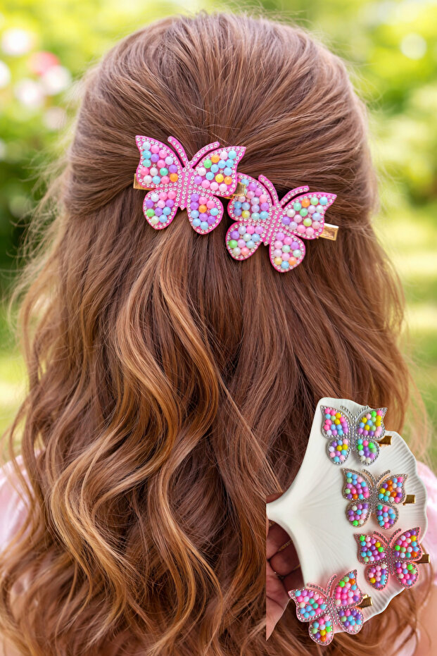Colorful Beaded Butterfly Buckle 1 Pair