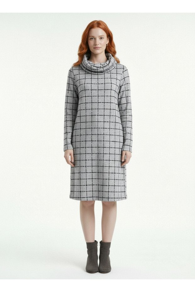 Women's Gray Plaid Knitted Knitwear Long Sleeve Tunic Dress