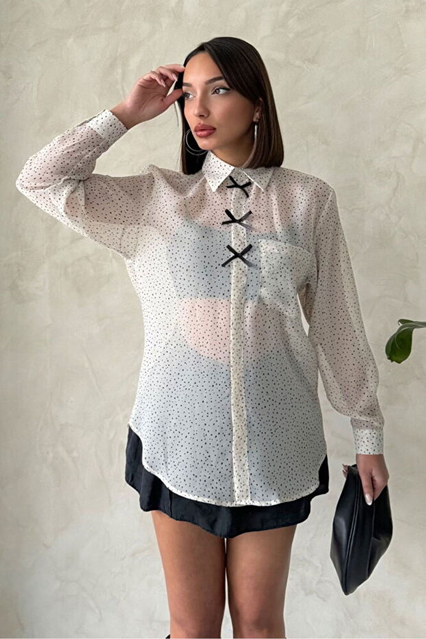 Bow Detailed Polka Dot Chiffon Shirt - Stone | F1881