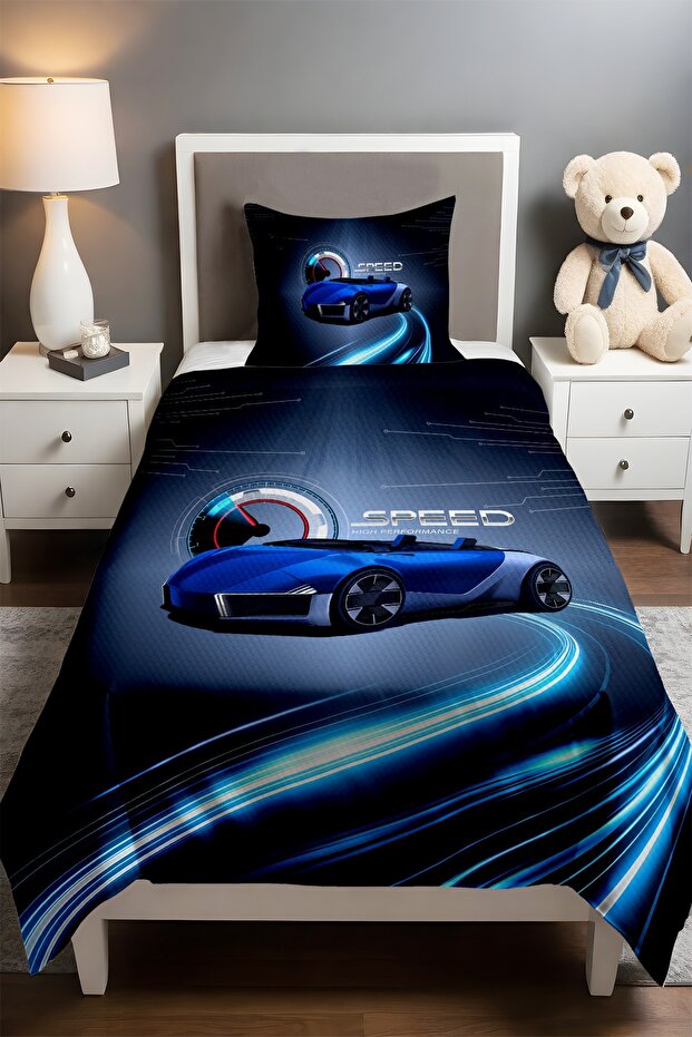 Blue Speed Patterned Single Baby Kids Pique Set