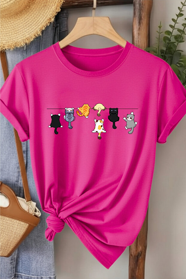 Women's White Cotton Printed T-Shirt with Climbing Cats