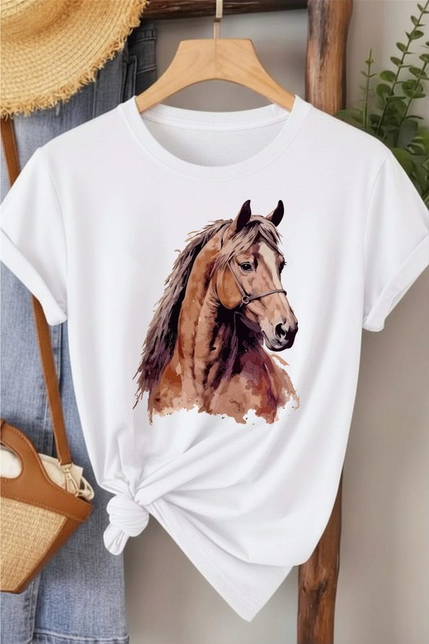 Horse Printed Women's Beige Cotton T-Shirt