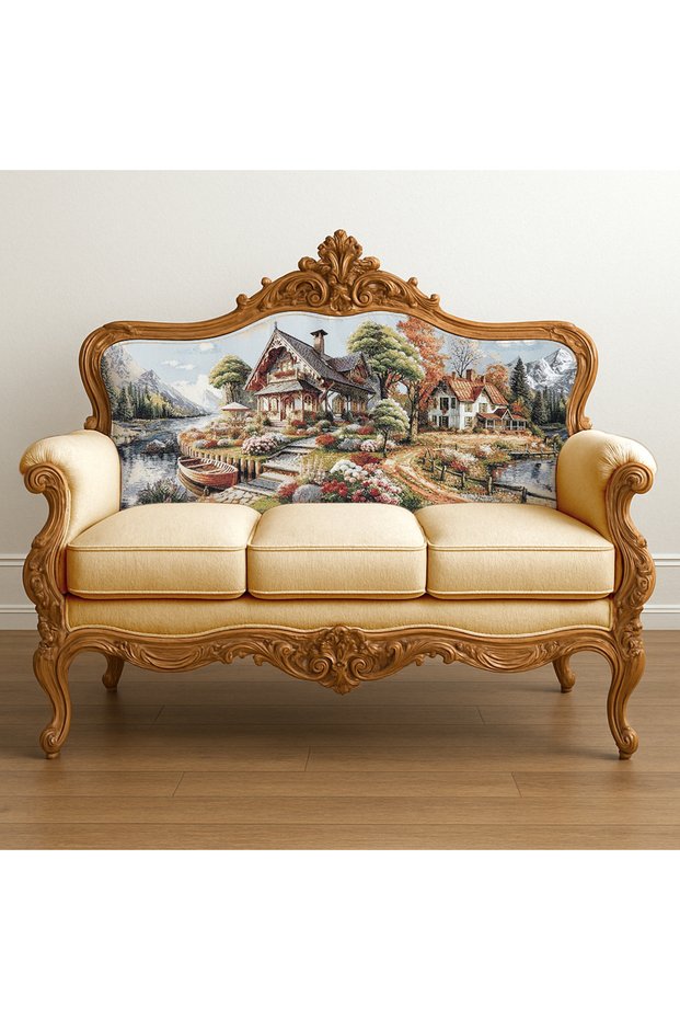 M37B Woven Fabric - Landscape, Mountain House, Creek - Painting, Upholstery, Home Textile and Concept Decorations 80X170Cm