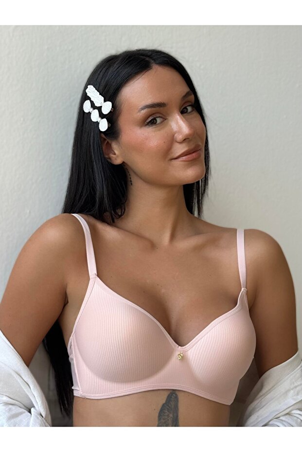 Corded Fabric Unpadded Underwire-Free Pink Bra (736)