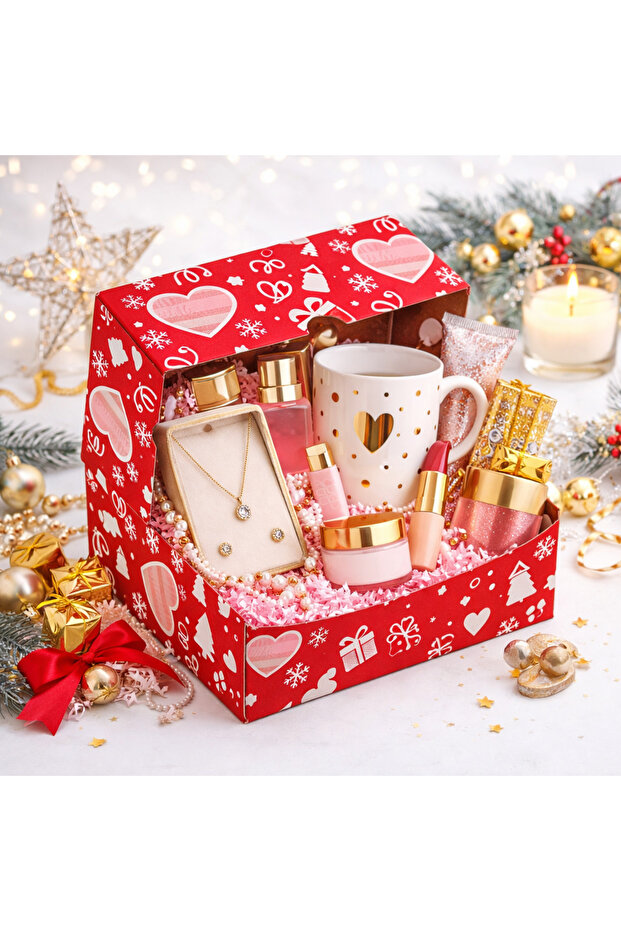 Doğahome Hazır Paketleme Kutusu Kırmızı Hediye Box Pembe Dolgulu Premium Kutu (17x12,5x7,5 cm)