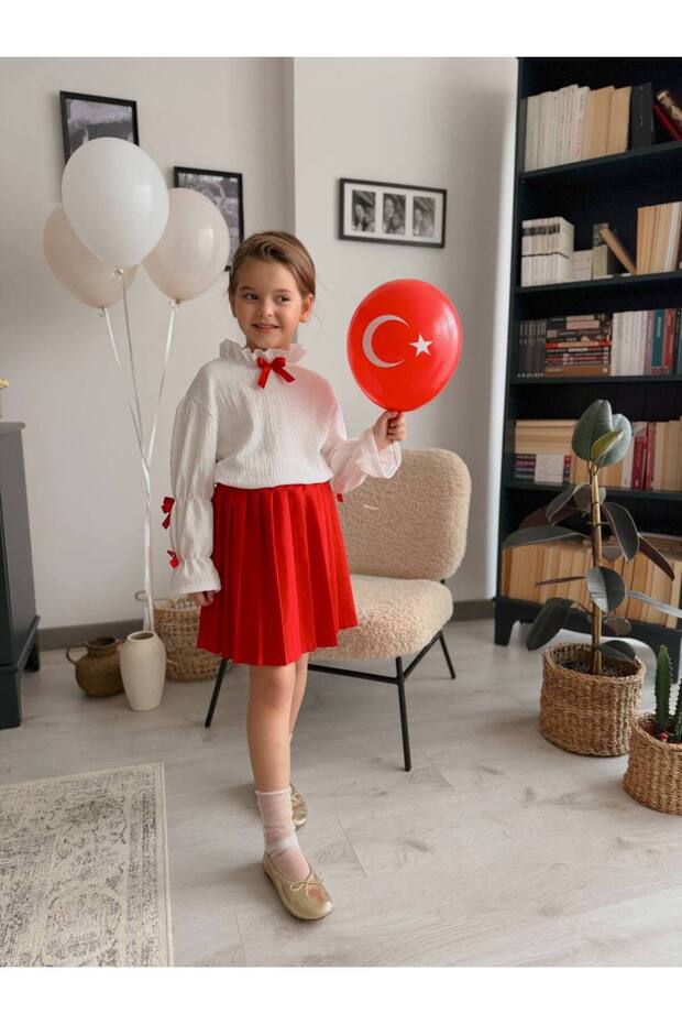 Girl's Special Red Pleated Skirt with Ribbon Embroidery Stylish Skirt Set