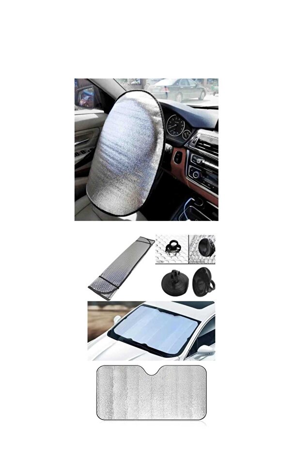 1 Pcs Front Windshield Sunshade and 1 Pcs Steering Wheel Sunshade