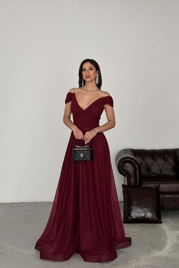 Women's Burgundy Glittering Long Evening Dress – Graduation, Sparkling Stylish Evening Gown Mlb165