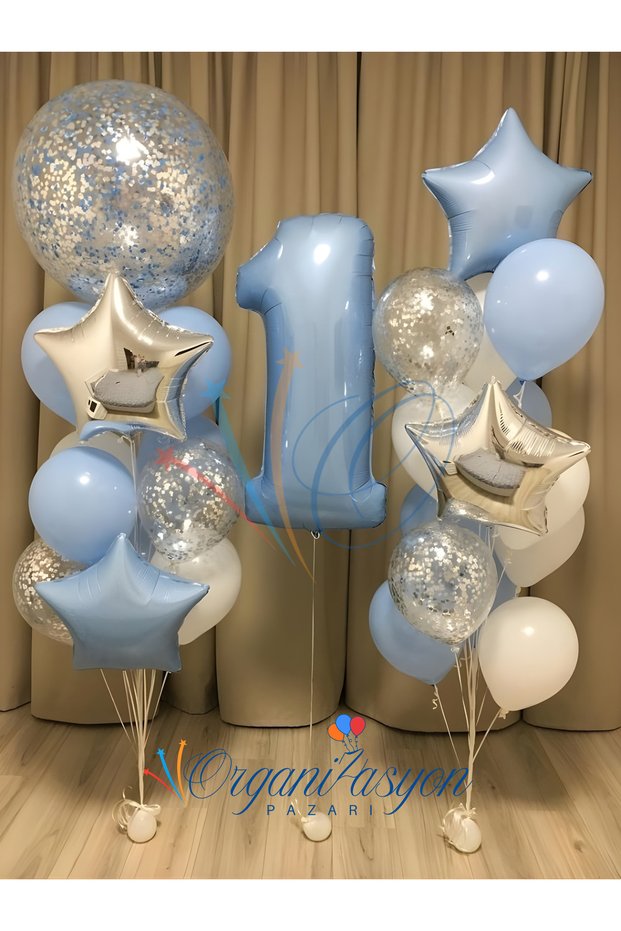 1 Year Old Boy Birthday & Special Occasion Balloon Set Blue Silver Confetti Foil Balloon Bouquet