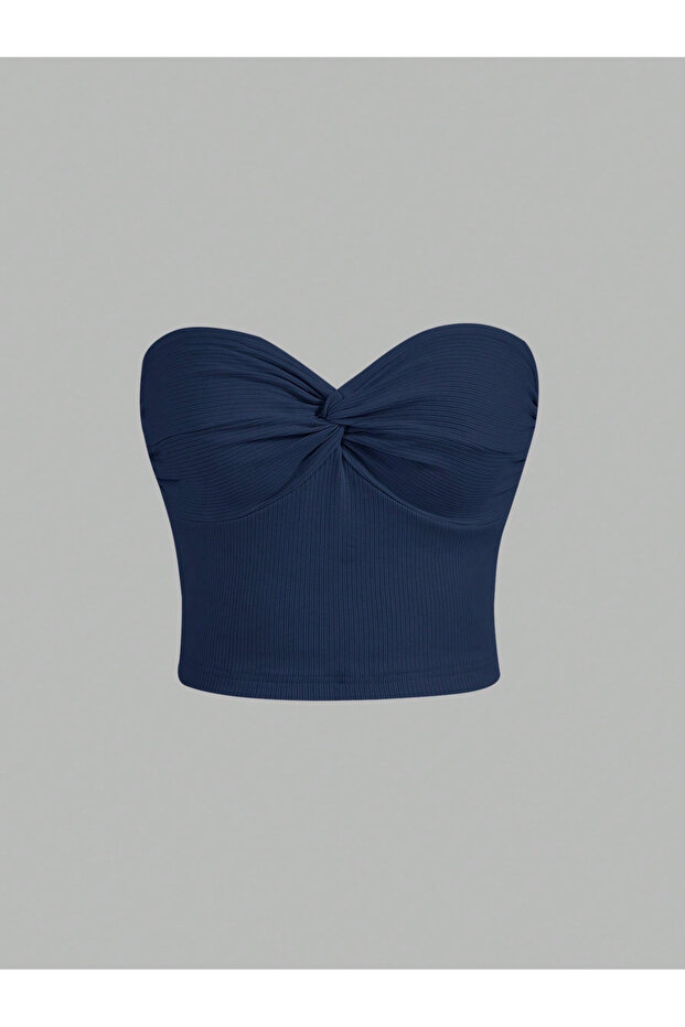 Navy Blue Strapless Front Knot Detailed Crop Blouse Women's Fit Cut Bustier, Front Knot Strapless Crop Blouse
