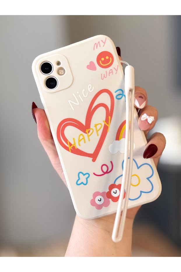 iPhone 11 Phone Strap Ecru Heart Pattern Case