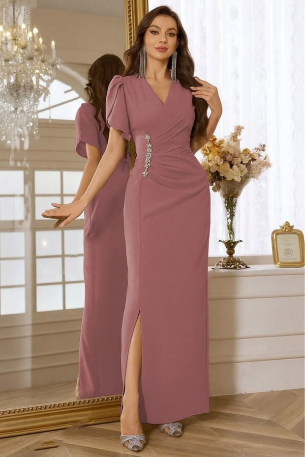 Women's Short Sleeve Double Breasted Collar Waist Floral Accessory Slit Imported Crepe Dress