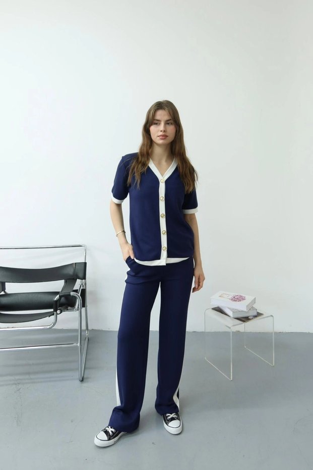Women's Navy Blue Stripe Detailed Relaxed Fit Wide Leg Pants Cardigan Two-Piece Set