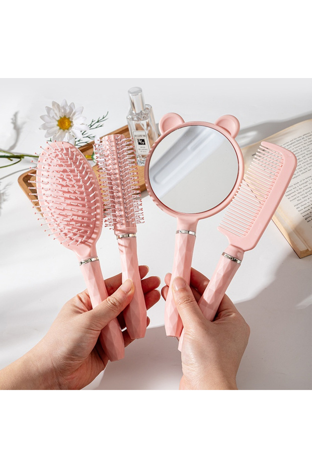 Pillow Comb Set with Hd Mirror, Needle Brush, Plastic Handle, Hairdresser Comb, 4 Pieces in Gift Box