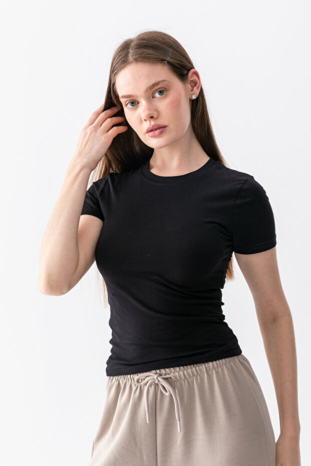 Women's Black 100% Cotton Ultra Soft Round Neck Short Sleeve Blouse