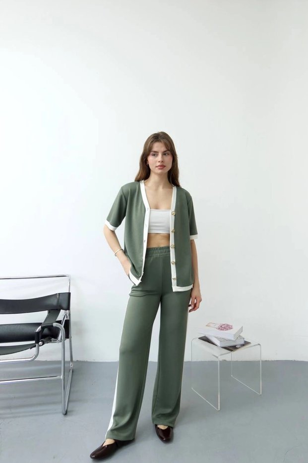 Women's Green Stripe Detailed Relaxed Fit Wide Leg Pants Cardigan Two-Piece Set