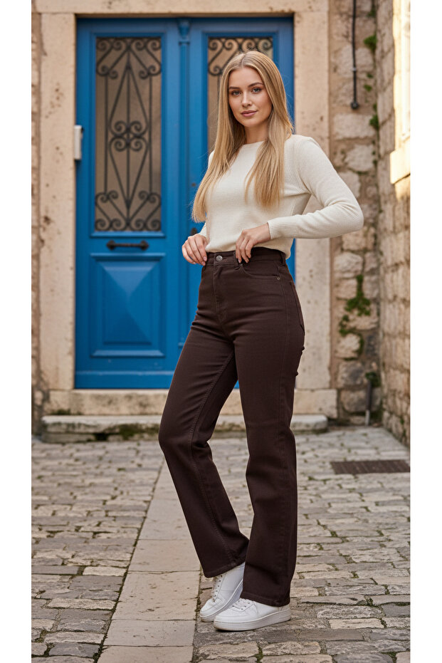 Sindy Brown Lycra High Waist Wide Leg Loose Wide Leg Jeans