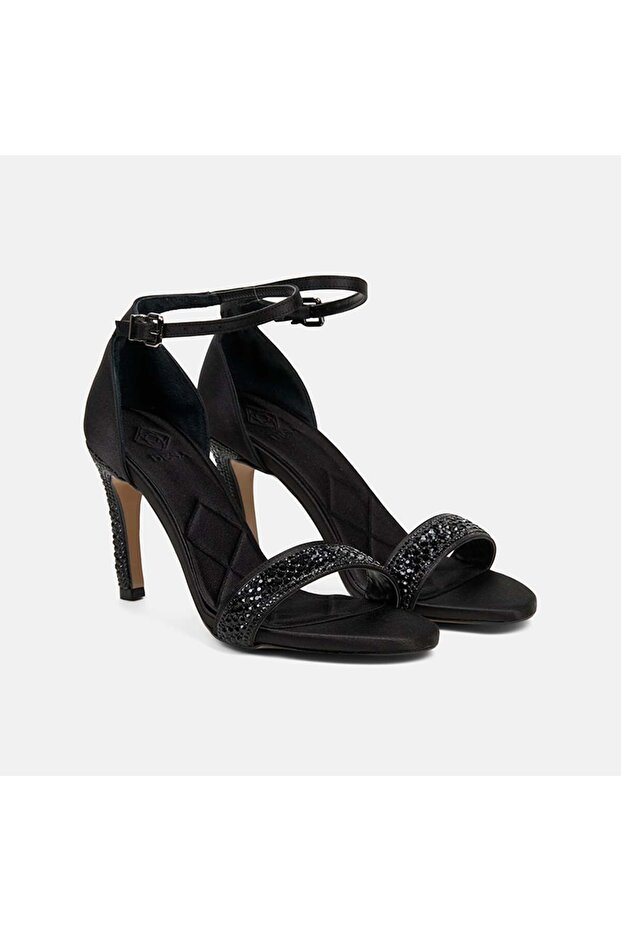 Women's Black Adjustable Buckle Stone Heeled Evening Dress Sandals