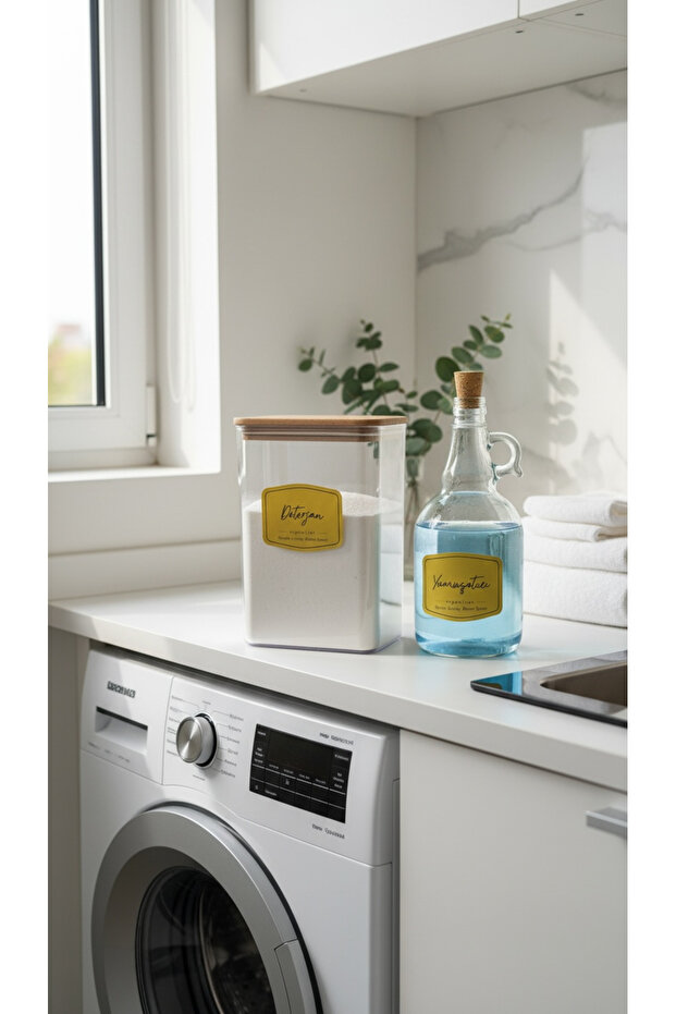 Detergent Jar with Wooden Lid 2000ml + Glass Fabric Softener Bottle 1000 ml Laundry Room Organizer