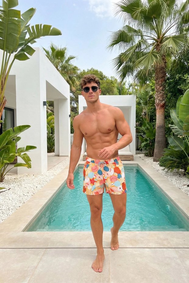 Swim Shorts Elastic Lace-Up Men's Multi-Color Short Length Patterned Lined Beach Shorts Ls-95855
