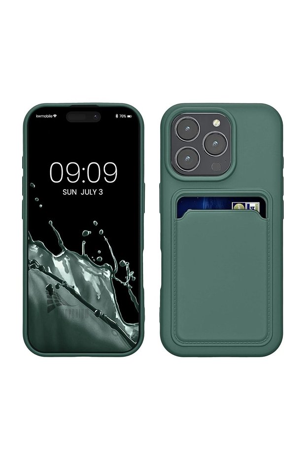 iPhone 16 Pro Max Compatible Silicone Case with Card Holder, Camera Protected, Flexible Pastel Cover-Green