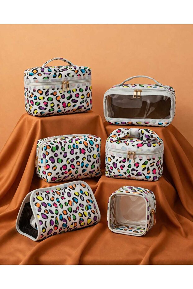 6-Piece Makeup & Organizer Bag Set Stylish Textured Fabric, Zippered, Multi-Purpose for Travel & Daily Use