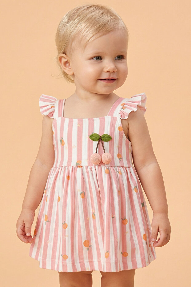100% Cotton Peach and Cherry Baby Dress