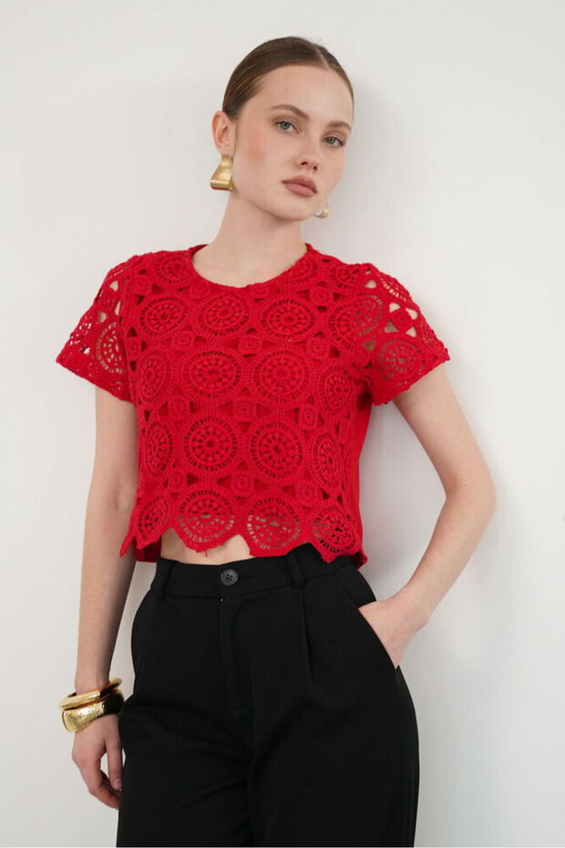 Red Guipure Evening Dress Blouse | D2142