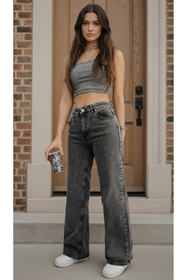 Harry 90's Snow Gray Lycra Super Extra High Waist Palazzo Loose Jean Trousers