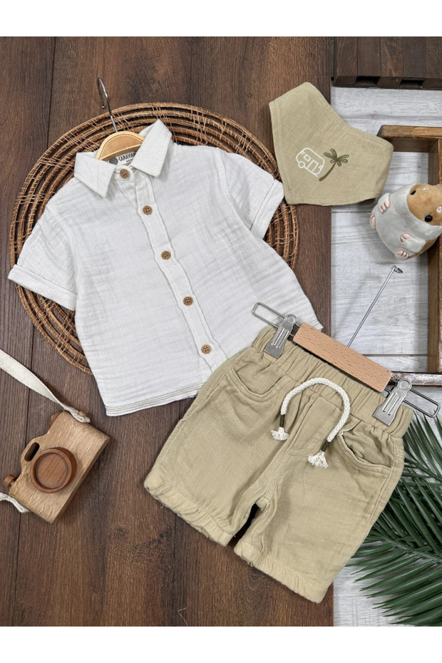 Muslin Shirt Palm Tree Embroidered Scarf and Shorts Summer Baby Boy Set