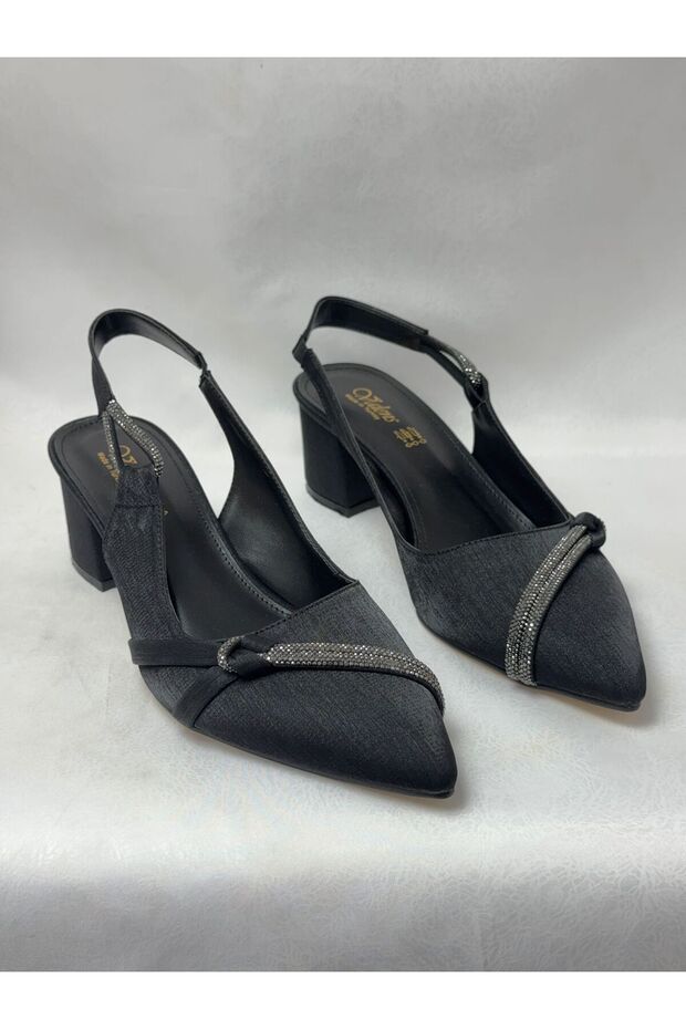 Ll2707 large size satin material strip stone embroidered back open heel shoe black