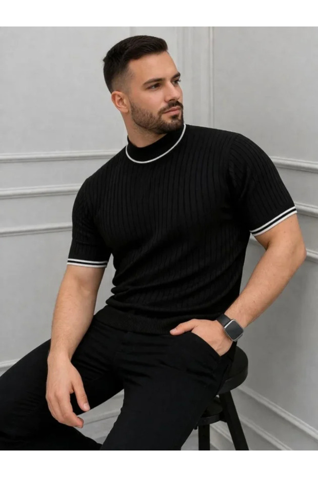 Men's Ribbed Knit Woven Short Sleeve T-Shirt Half-Throat Modern Summer T-Shirt - Black