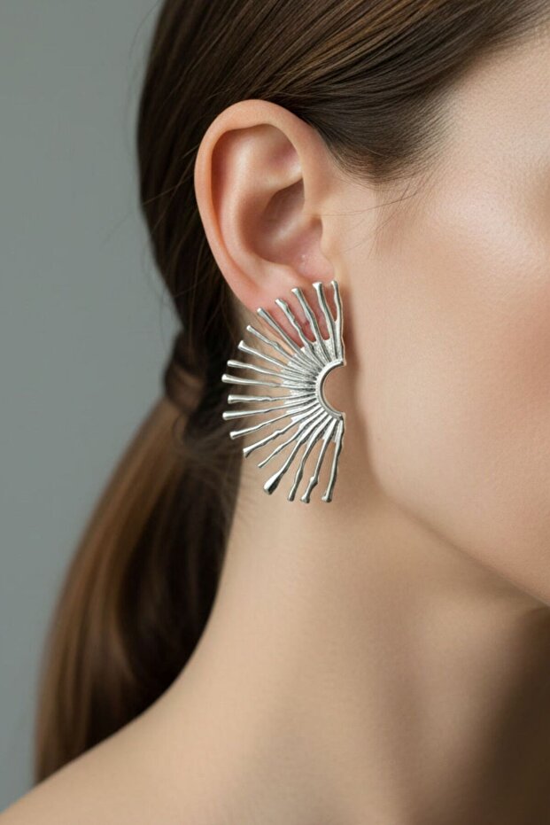 Silver Color Zircon Stone Pearl Sun Earrings (6 cm)
