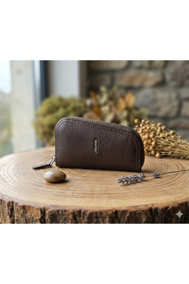 100% Genuine Leather Zippered Hook Keychain Wallet