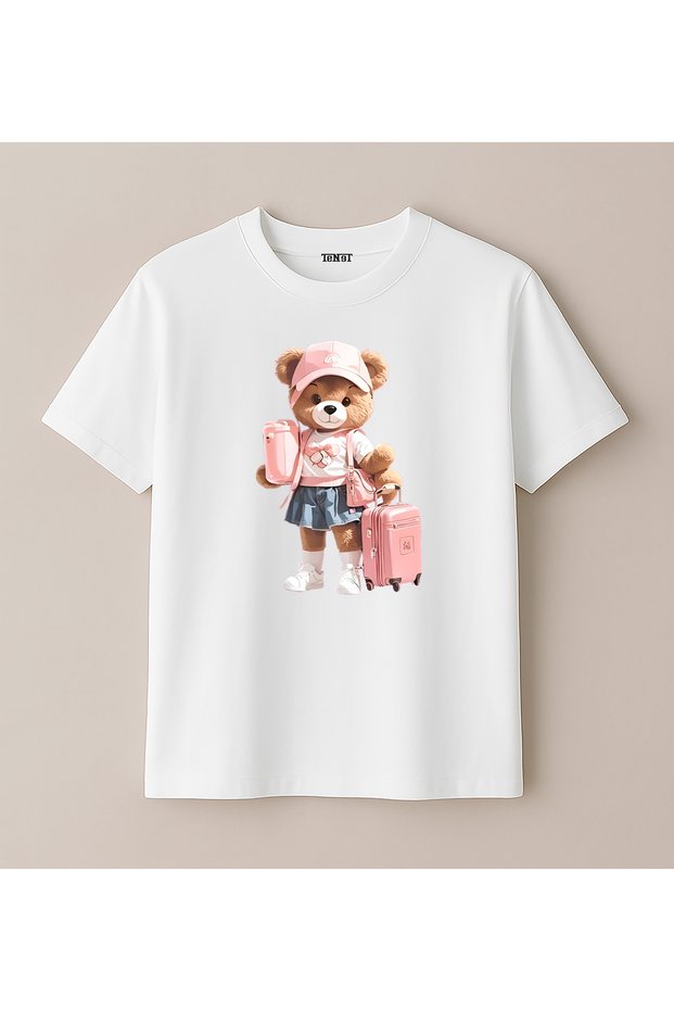 Cool Bear-Style Teddy Bear Printed Crew Neck Girls' T-Shirt