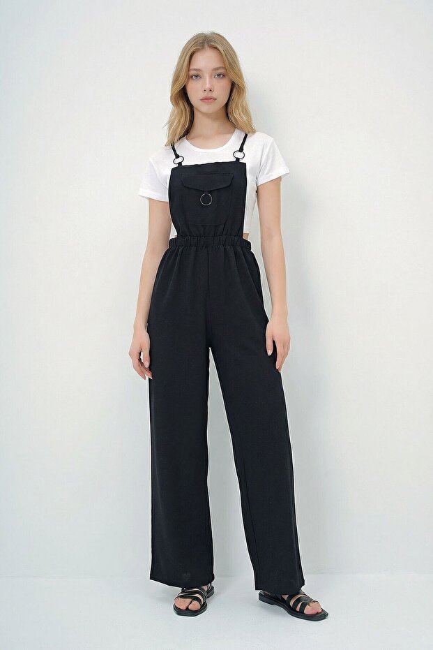 Women's Black Aerobin Salopet Trousers with Front Pocket and Strap Ring Detail