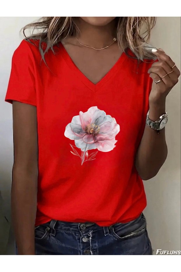 Colorful Flower Printed Women's Oversize V-Neck T-Shirt