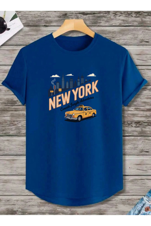 تي شيرت NEWYORK TAXI مطبوع بحاشية بيضاوية وأكمام قصيرة عادي للجنسين