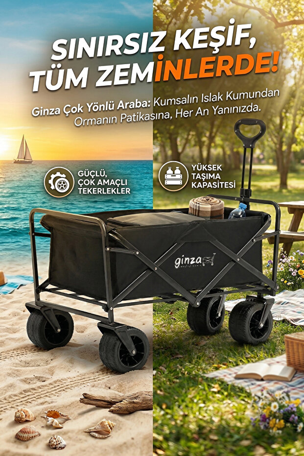 Ginza Kamp Arabası Kalın Tekerlekli, Fren sistemli, XL Büyük Boy, Kumsal,Plaj ,Kamp, Bahçe Vagon Arabası