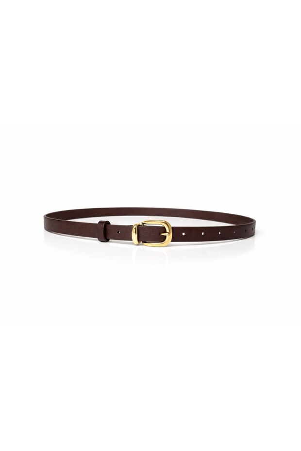 Women's Brown Thin Faux Leather Belt with Gold Buckle