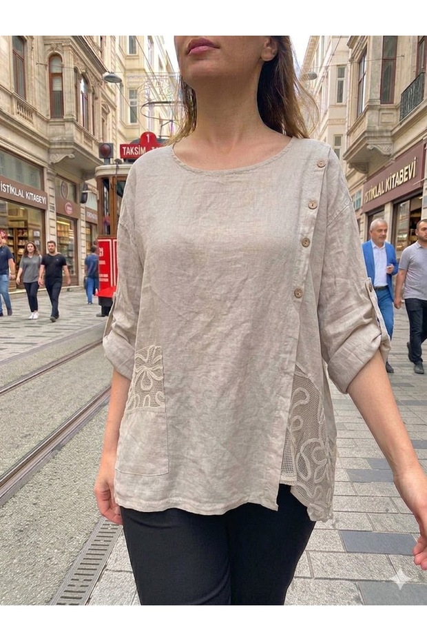 Women's Italian Beige Button Detailed Oversize Loose 100% Linen Blouse