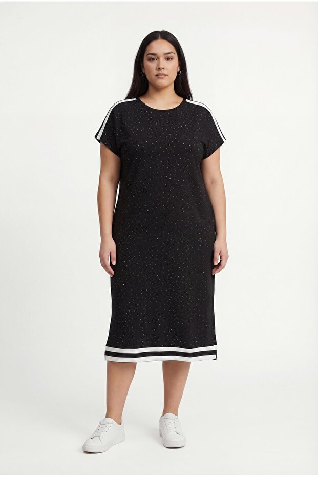 Women's Plus Size Dot Stone Printed Striped Sho Fabric Wide Fit Black Dress