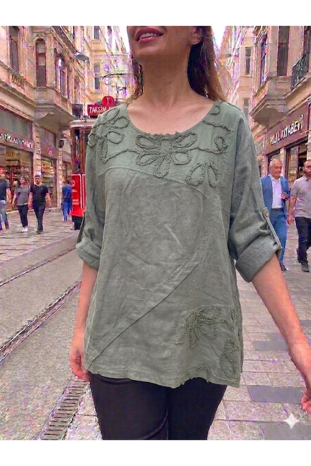Women's Italian Khaki Floral Embroidered Oversized Loose 100% Linen Blouse
