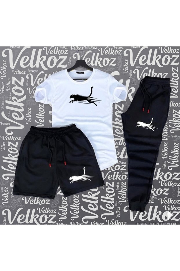 Jaguar Tracksuit Shorts T-Shirt 3-Piece Set (White T-Shirt, Black Shorts and Tracksuit)