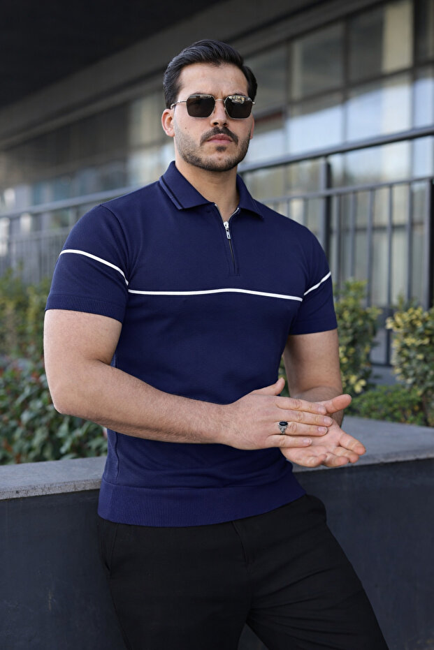 Men's Casual Striped Zippered Knitwear Navy Blue Polo Neck T-Shirt