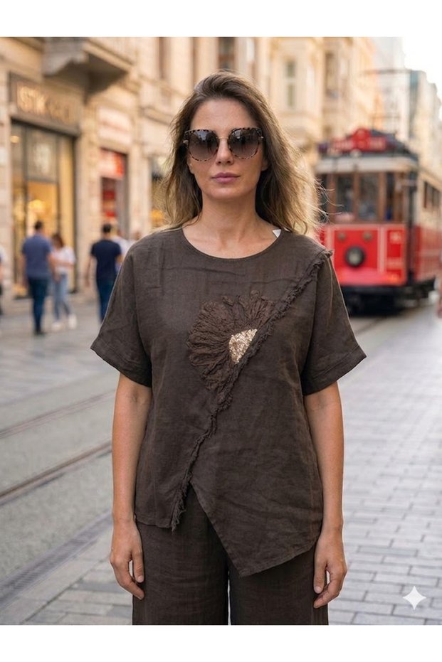 Women's Italian Brown Daisy Embroidered Asymmetrical Short Sleeve 100% Linen Blouse