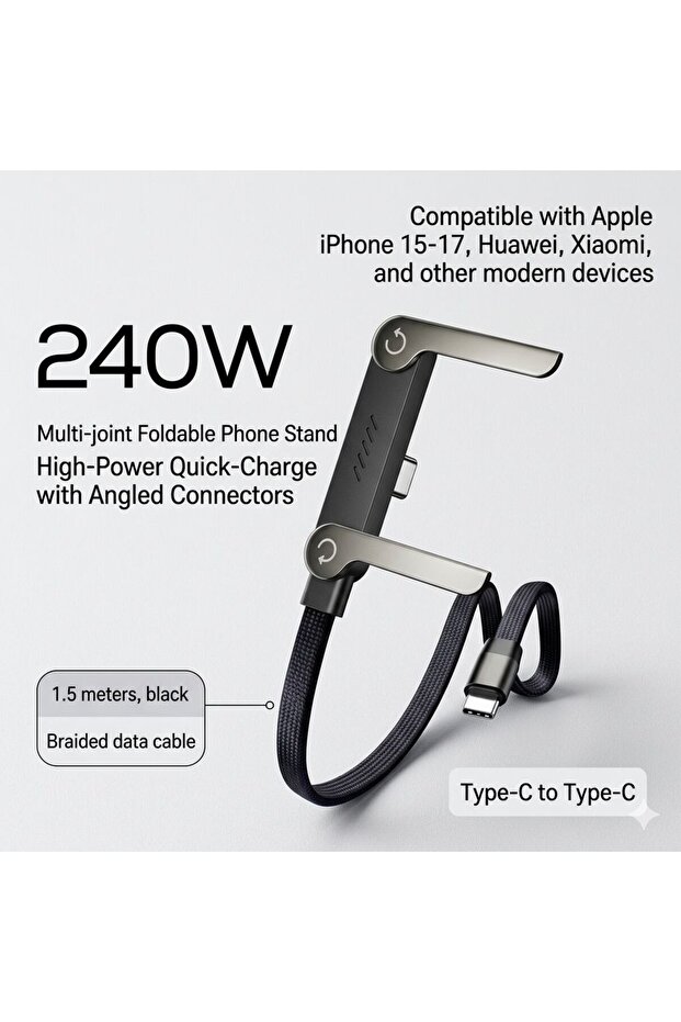 كابل شحن سريع USB-C إلى USB-C بقوة 240 واط، طول 1.5 متر، قابل للطي مع حامل، كابل بيانات مجدول