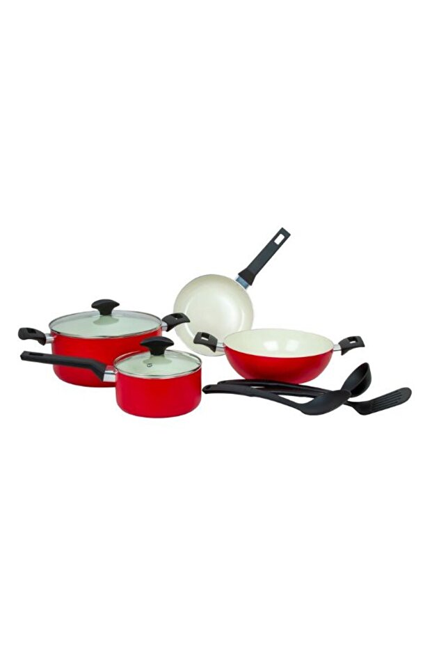 Carmine 9 PCS Cookware Set - Aluminum Ceramic Non Stick Pots and Pans PFAS Free Red